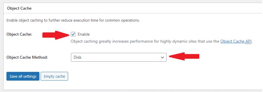 enable object cache - w3 total cache settings