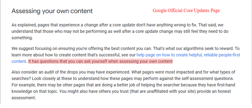 google official core updates page