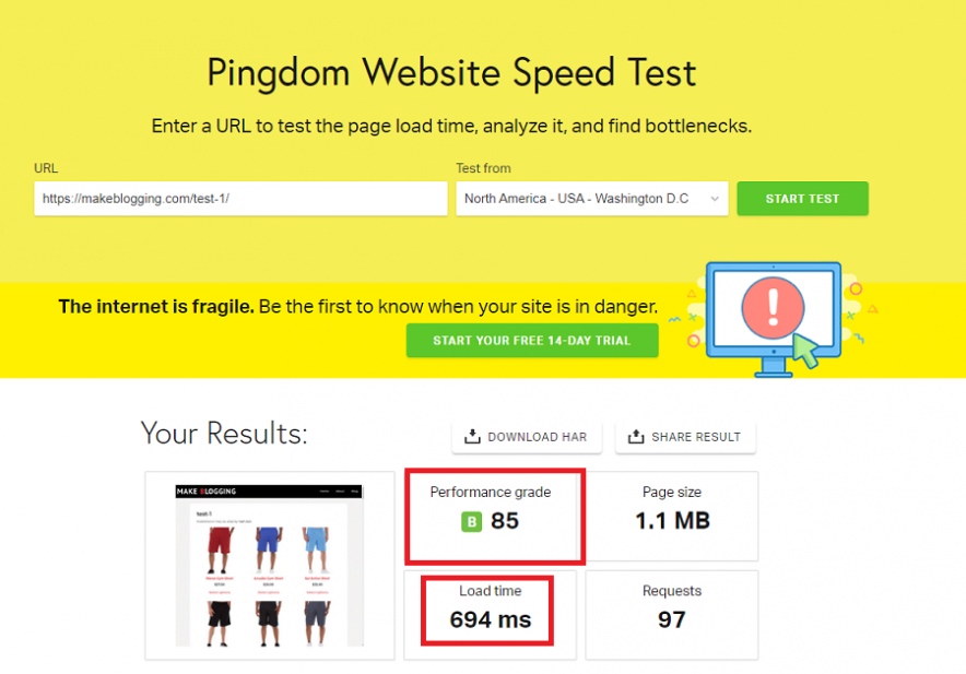 Pingdom report- wp rocket performance test result