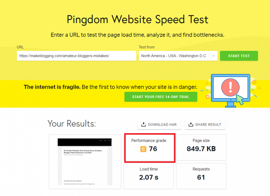 pingdom test 1 results - situation after w3 total cache plugin