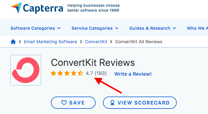convertkit SEO rating on capterra 