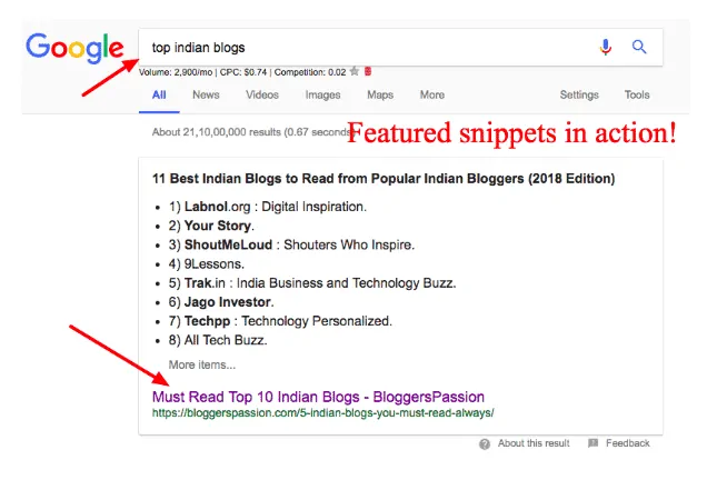 Featured Snippet in action