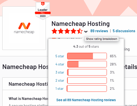 Namecheap Customer ratings on G2;