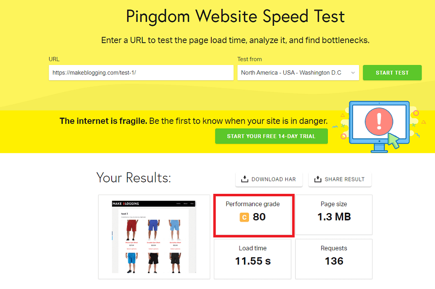 pingdom test 2 results - situation after w3 total cache